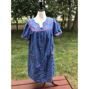 Mumu Patio Blue  Butterfly Cotton Dress Embroidery Size L Vintage Go Softly